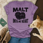 Purple t-shirt with "Malt Into My Heart" and a fluffy dog graphic.