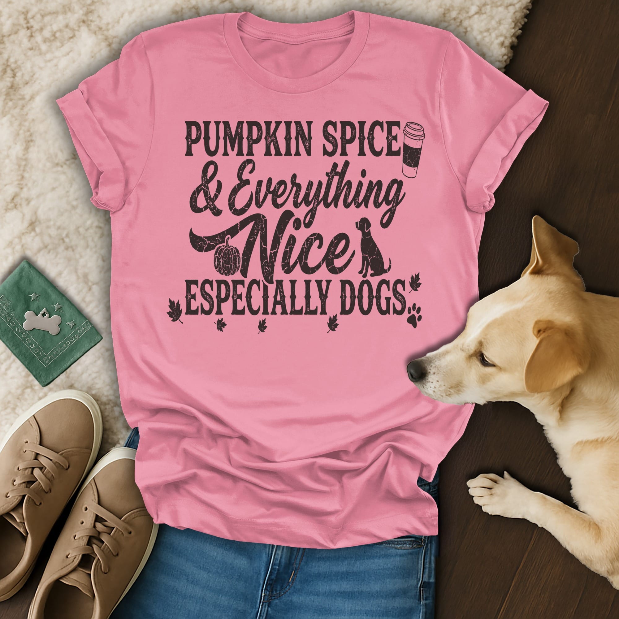 Pink t-shirt with "Pumpkin Spice & Everything Nice Especially Dogs" text and dog graphic.