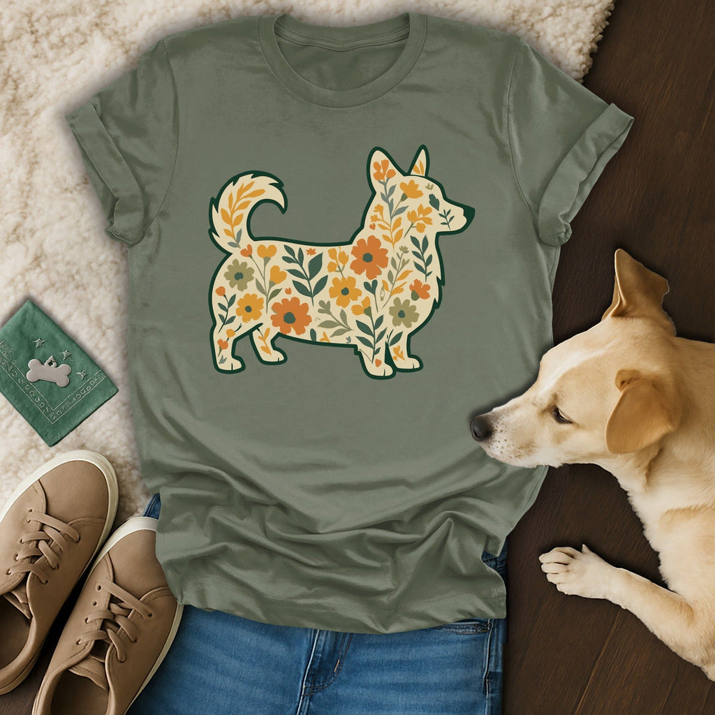 Cute Floral Corgi Graphic on Green Shirt Product