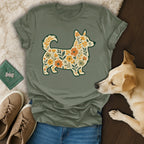 Cute Floral Corgi Graphic on Green Shirt Product