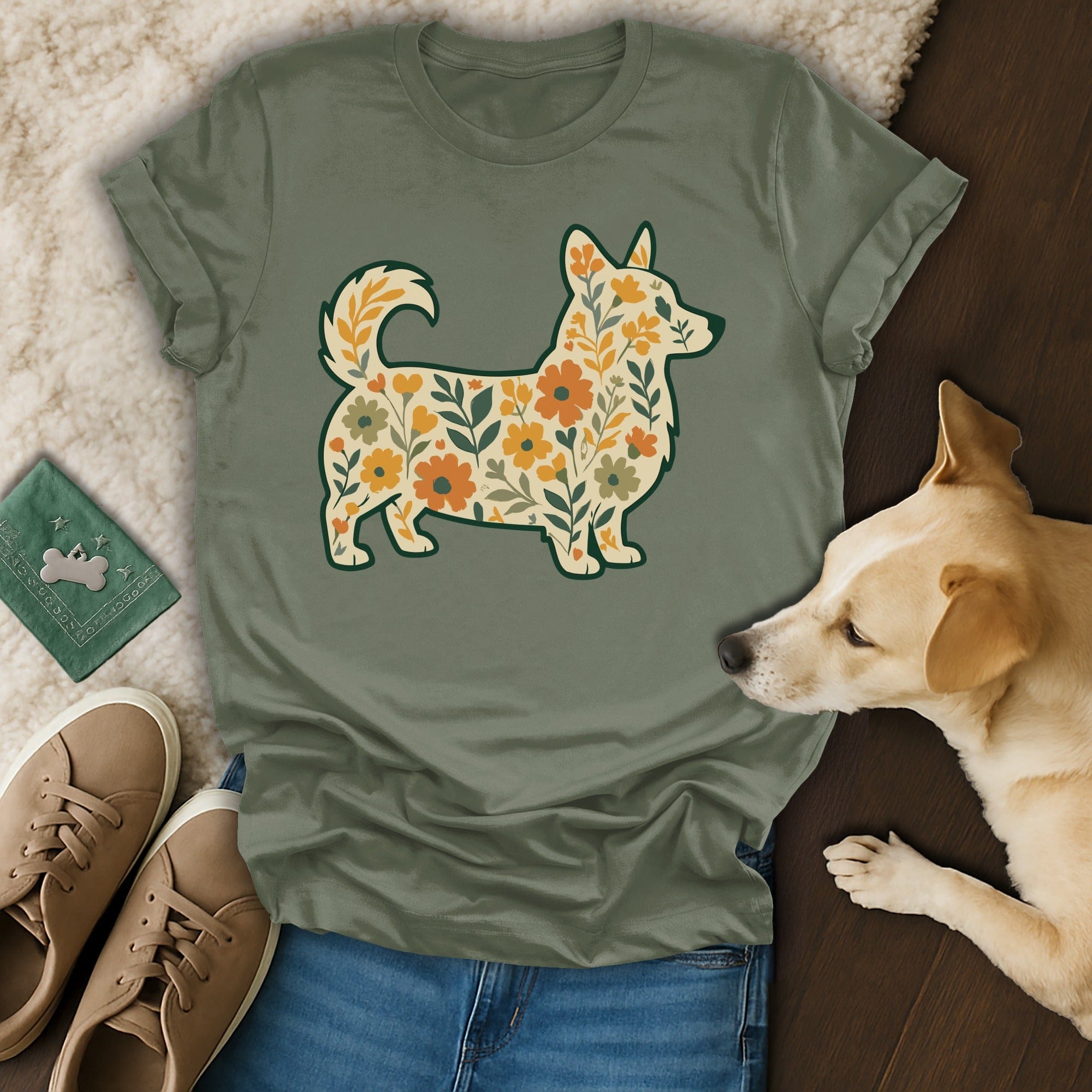 Cute Floral Corgi Graphic on Green Shirt Product