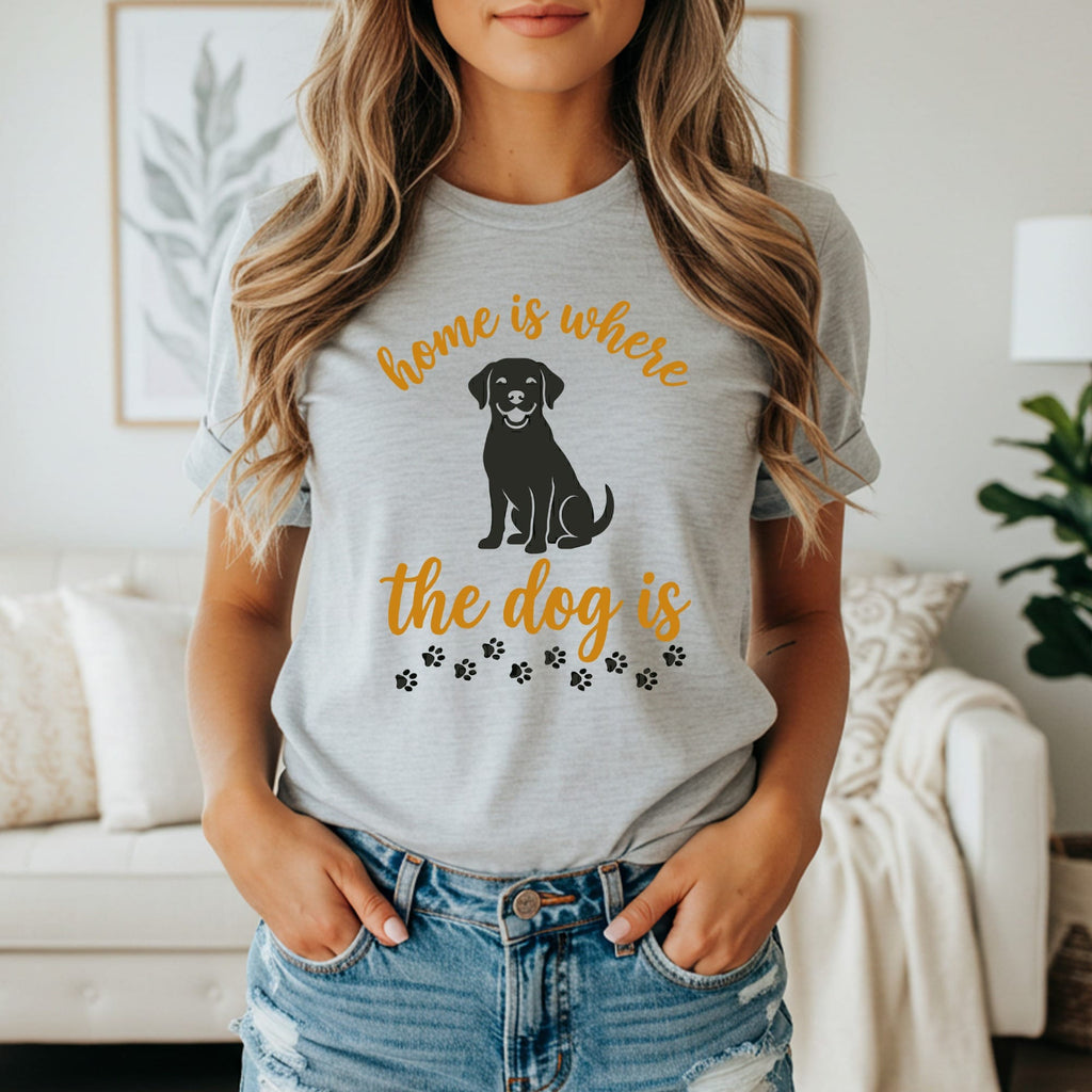 Gray t-shirt with "Home is where the dog is" and paw prints.