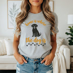 Gray t-shirt with "Home is where the dog is" and paw prints.