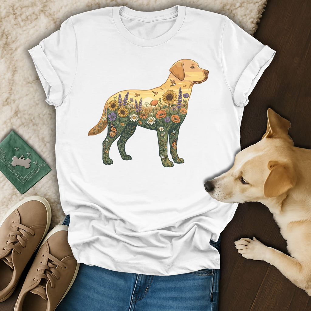 Yellow lab silhouette filled with wildflowers and butterflies on a white t-shirt.