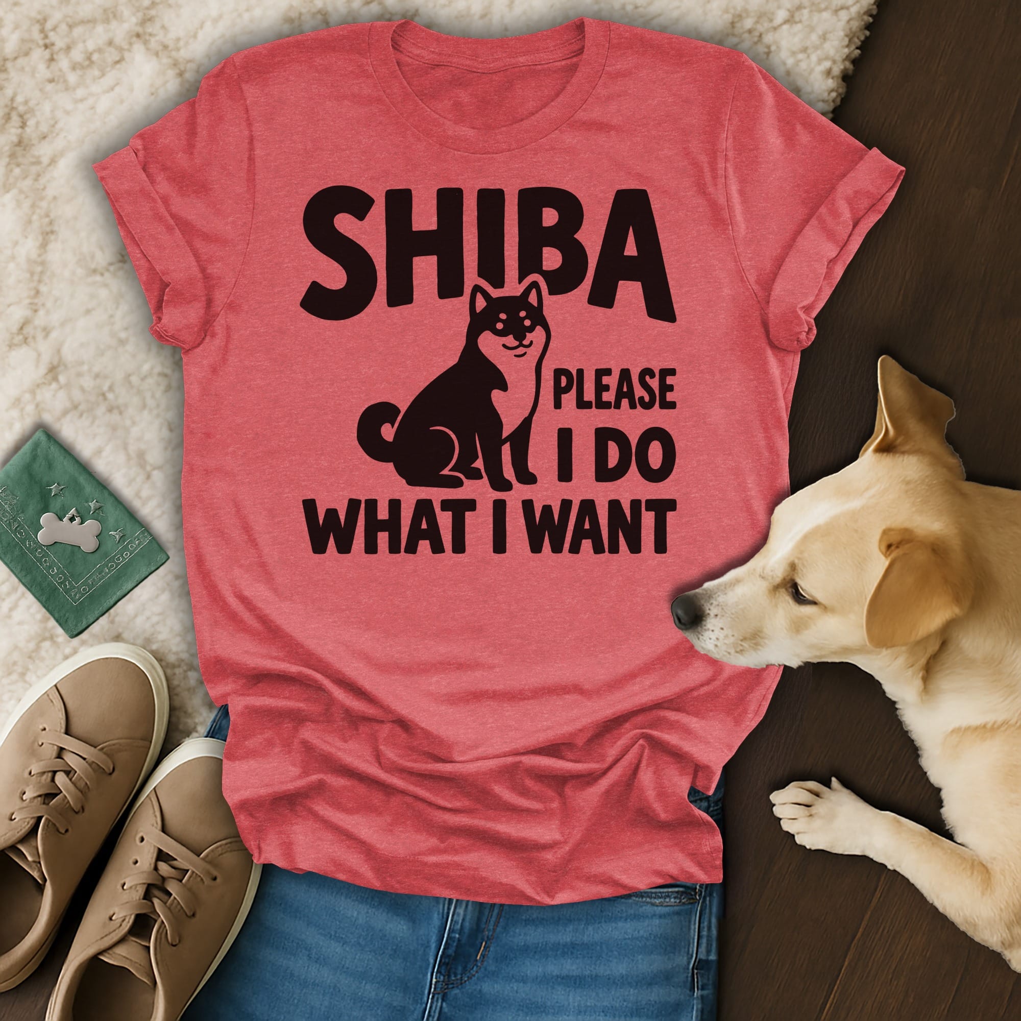 Red t-shirt with black text and Shiba Inu graphic: "SHIBA PLEASE I DO WHAT I WANT".