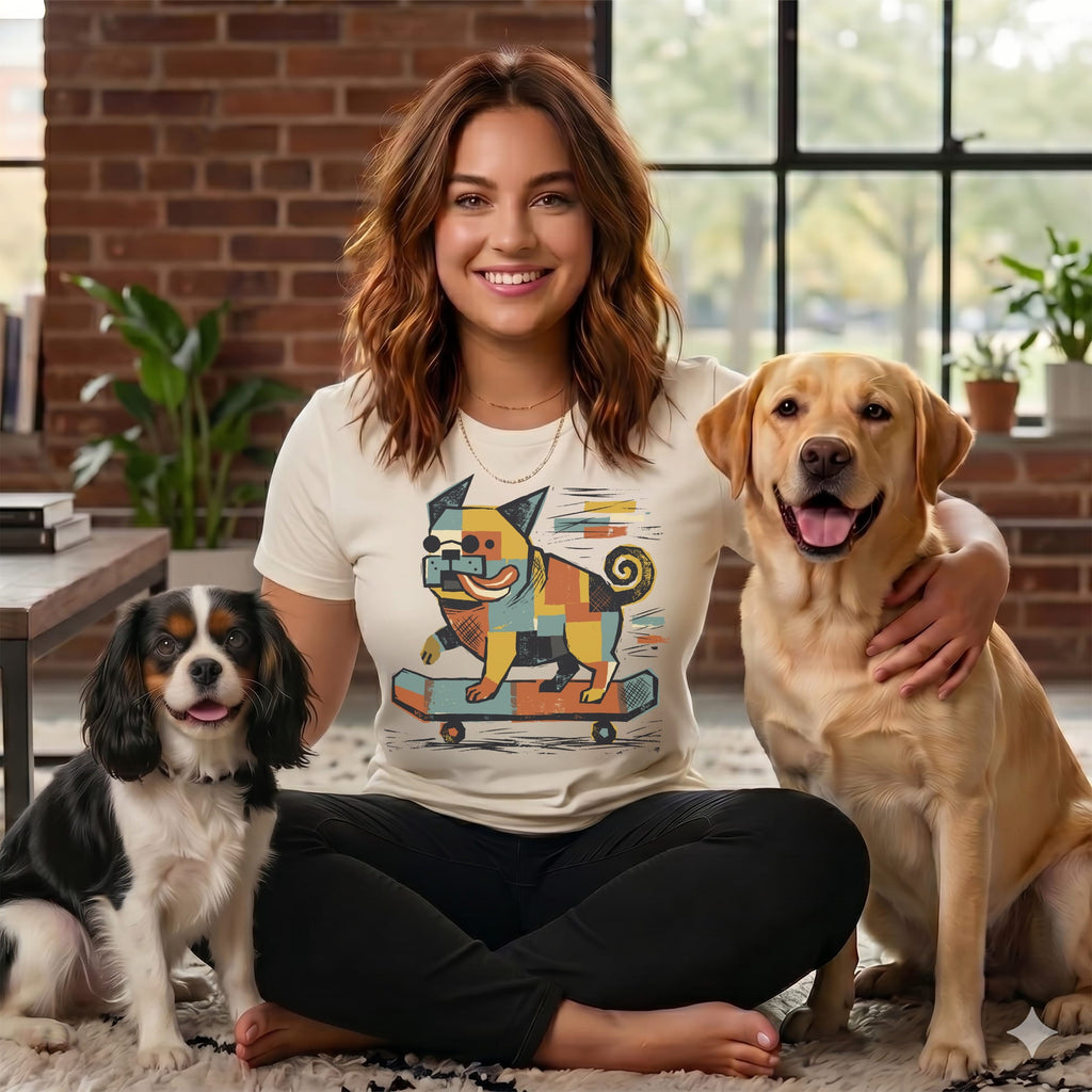 Woman with two dogs, wearing a t-shirt with a dog graphic.