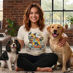 Woman with two dogs, wearing a t-shirt with a dog graphic.
