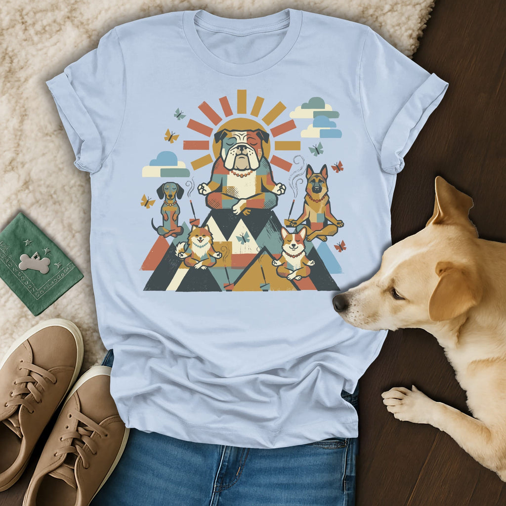 Zen dogs meditating on geometric mountains under a sunburst.