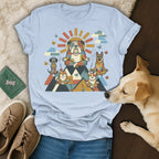 Zen dogs meditating on geometric mountains under a sunburst.