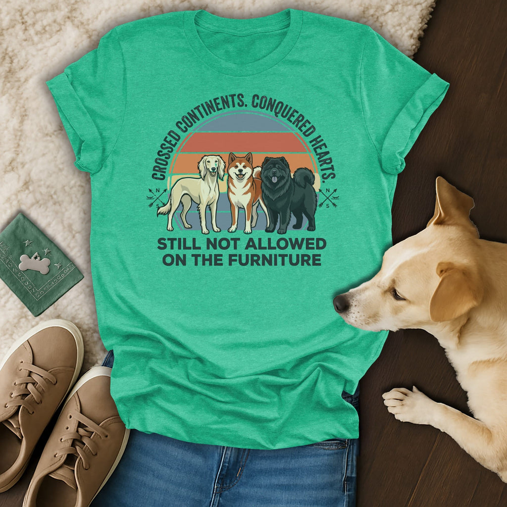 Three dogs on a t-shirt with text "Crossed Continents. Conquered Hearts. Still Not Allowed On The Furniture."