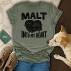 Green t-shirt with "MALT INTO MY HEART" text and a fluffy dog silhouette.