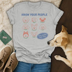 Light grey t-shirt with "Know Your People" and dog illustrations.