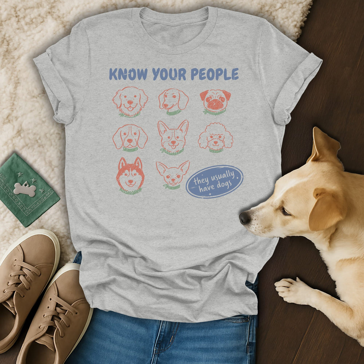 Light grey t-shirt with "Know Your People" and dog illustrations.