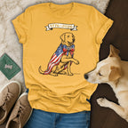 Yellow t-shirt with dog wearing American flag cape and "1776-2026 250" text.