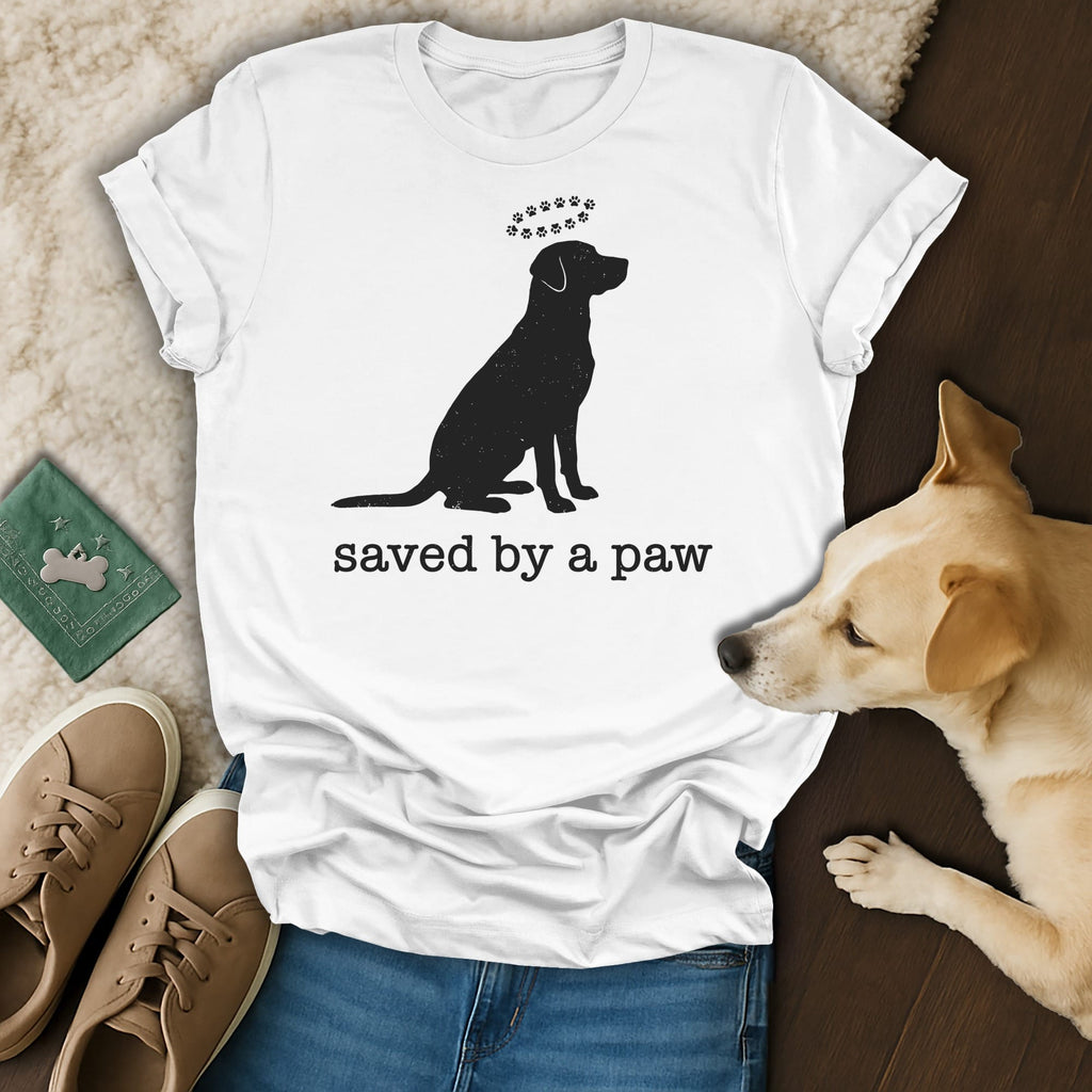 White t-shirt with black silhouette of a dog and "saved by a paw" text.