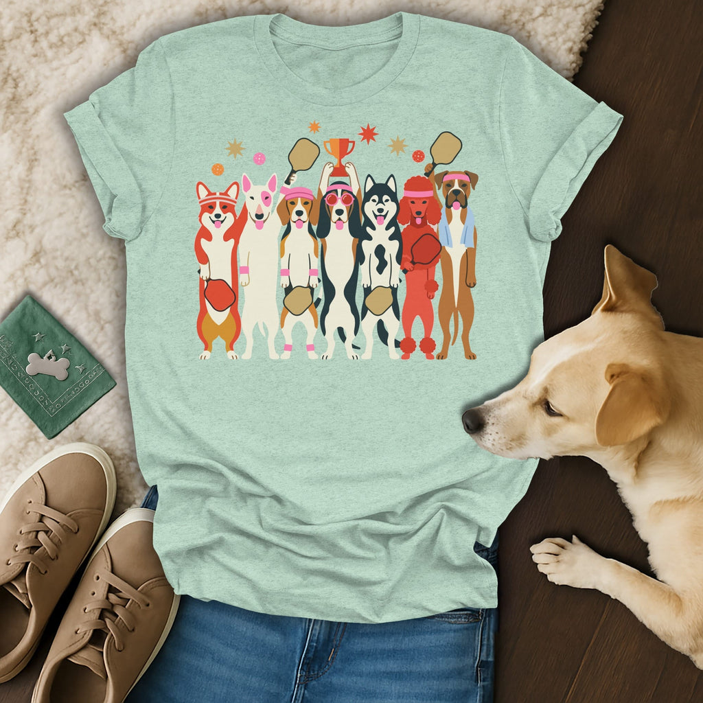 Mint t-shirt with cartoon dogs playing pickleball and holding a trophy.