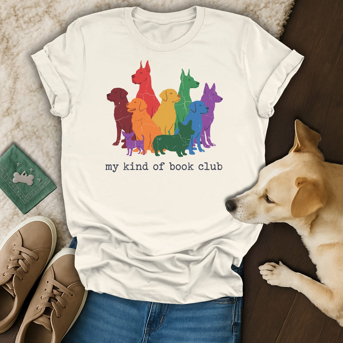 T-shirt with rainbow dog graphic and "my kind of book club" text.