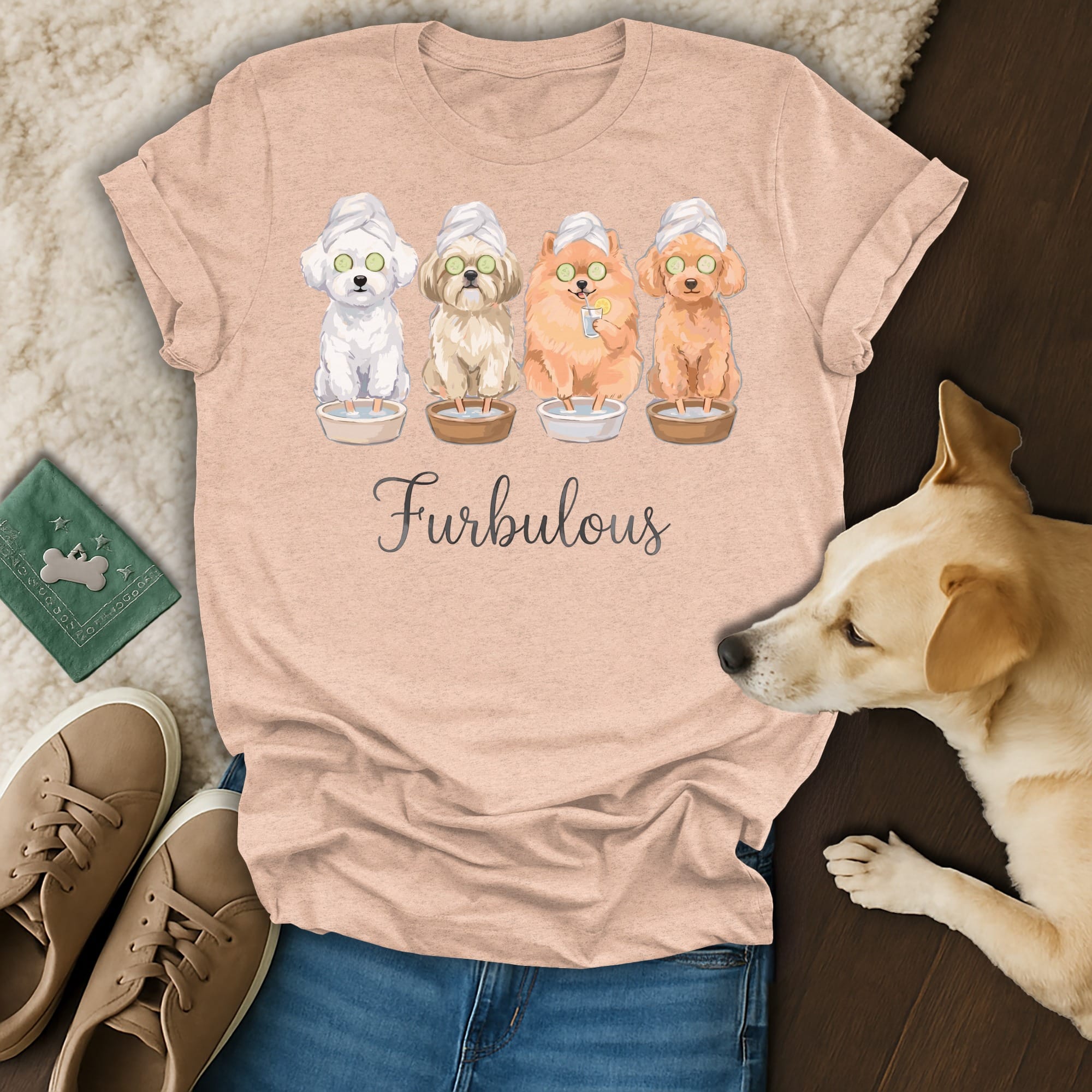 Four dogs in spa masks relax in a tub, with "Furbulous" text.