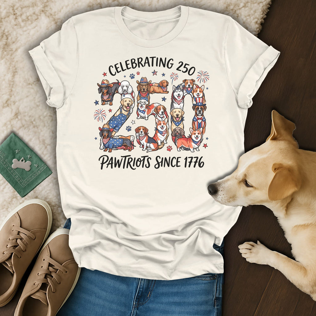 White t-shirt with patriotic dogs celebrating 250 Pawtriots Since 1776.