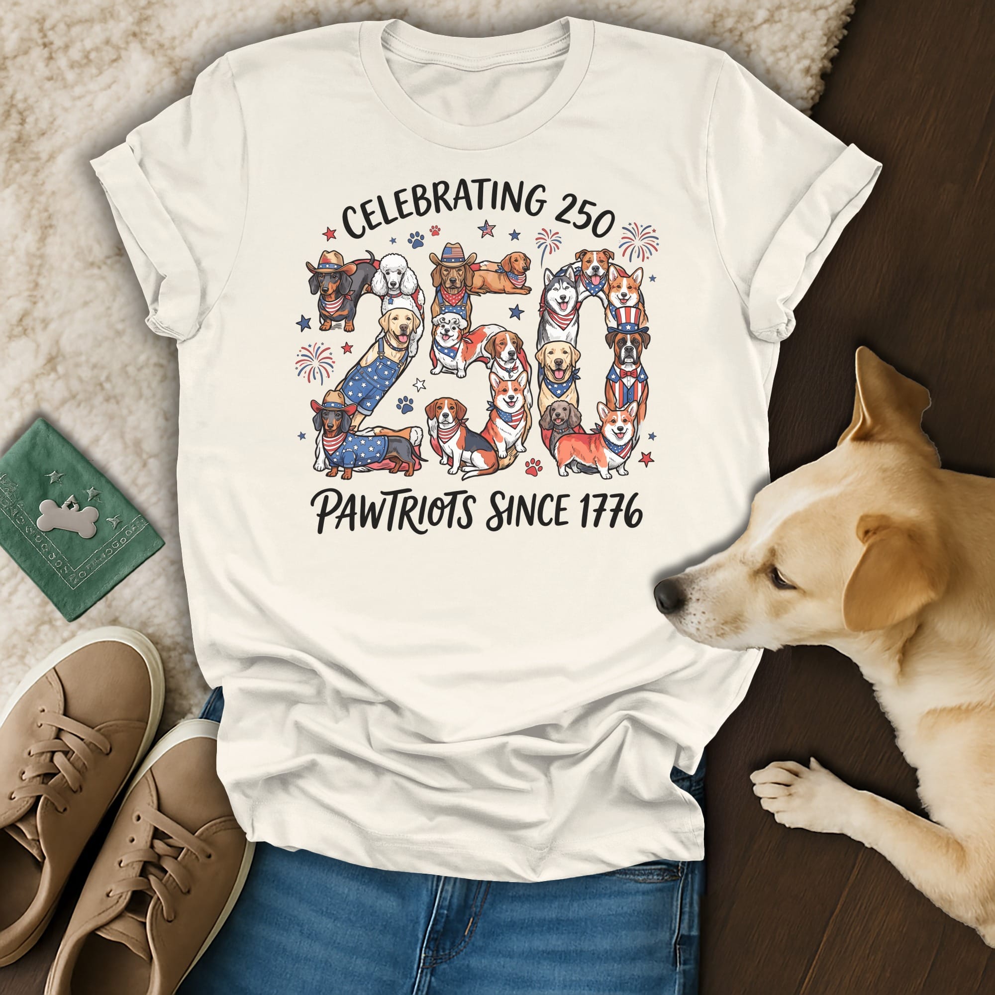 White t-shirt with patriotic dogs celebrating 250 Pawtriots Since 1776.