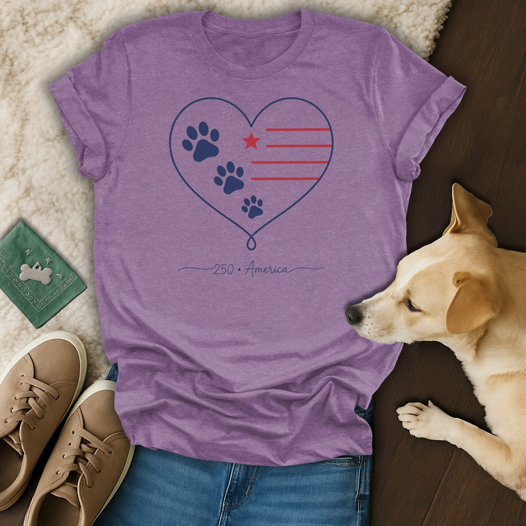 Purple t-shirt with heart design, paw prints, and "250 America" text.