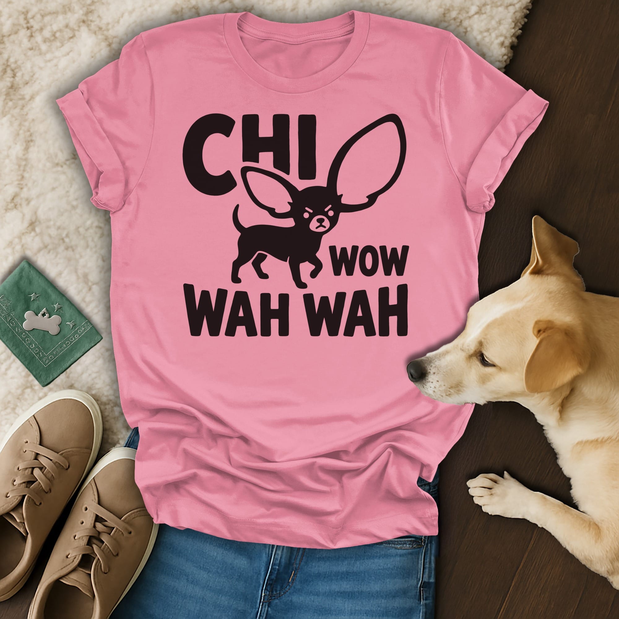 Pink t-shirt with "CHI WOW WAH WAH" text and a chihuahua graphic.