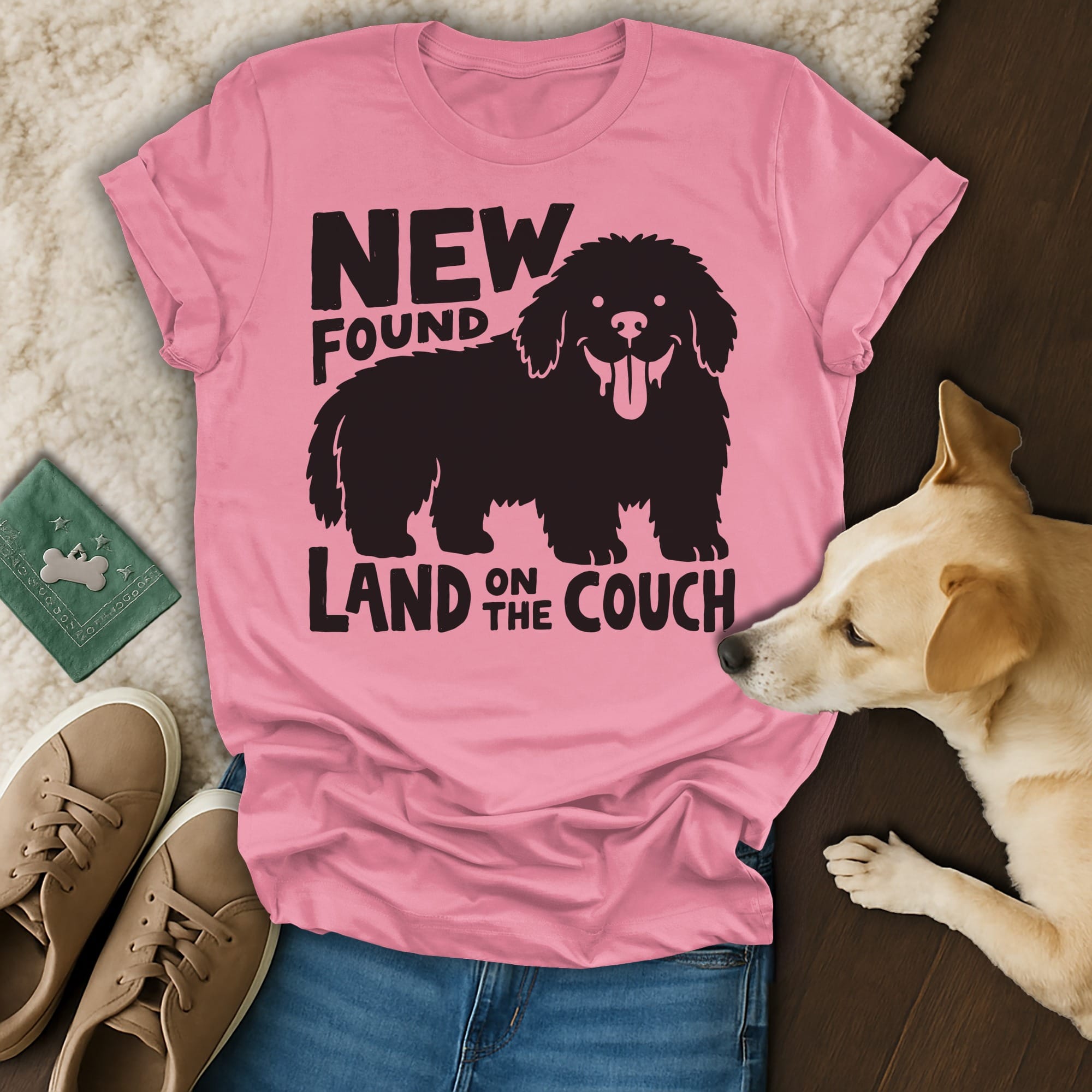 Black silhouette of a dog on a pink t-shirt that says "New Found Land on the Couch."