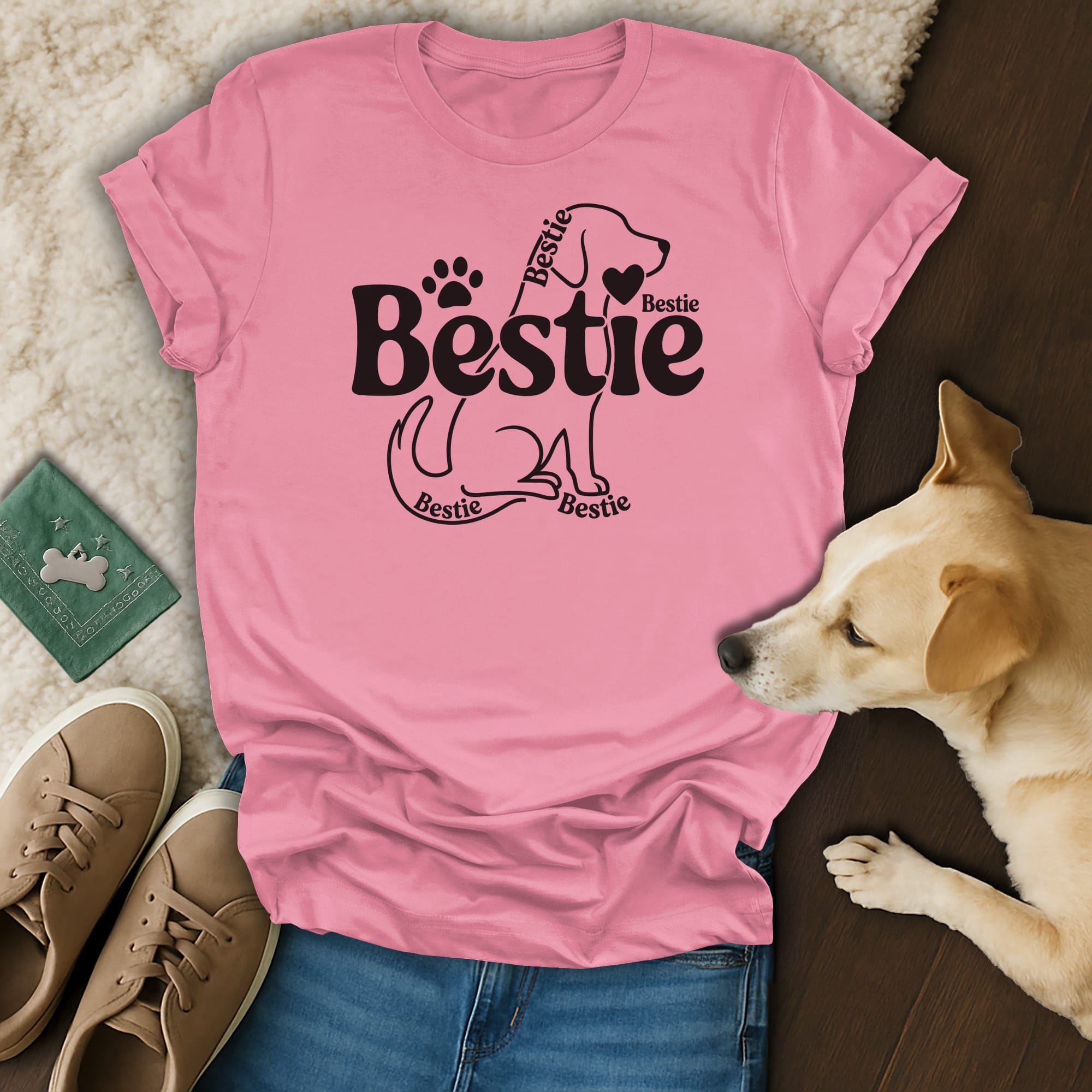 Pink t-shirt with "Bestie" design and a dog laying next to it.