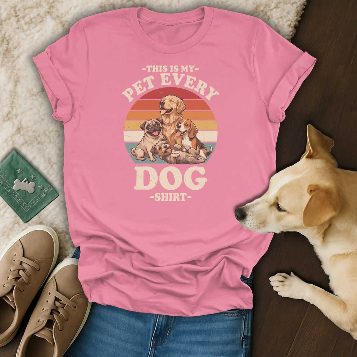 Pink t-shirt with cartoon dogs and text "This is My Pet Every Dog Shirt".