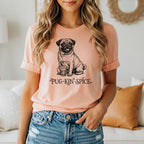 Peach t-shirt with pug and "Pug-Kin Spice" text graphic.