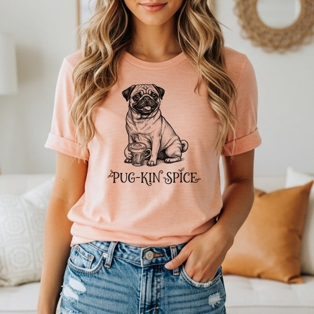 Peach t-shirt with pug and "Pug-Kin Spice" text graphic.