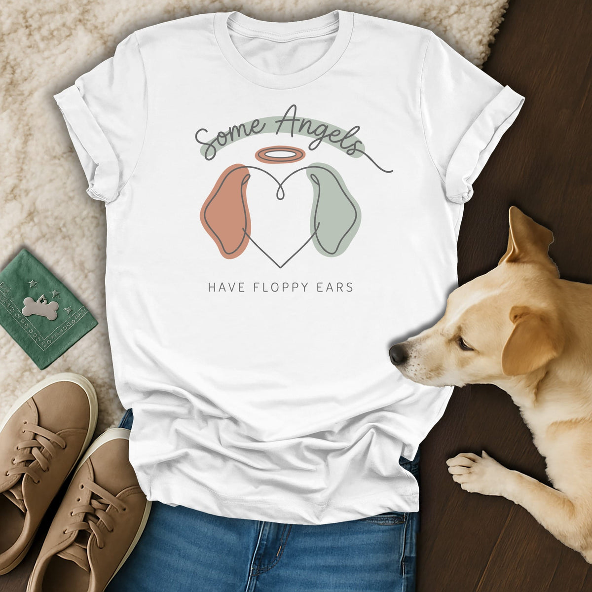 White t-shirt with text "Some Angels Have Floppy Ears" and a line art dog heart.