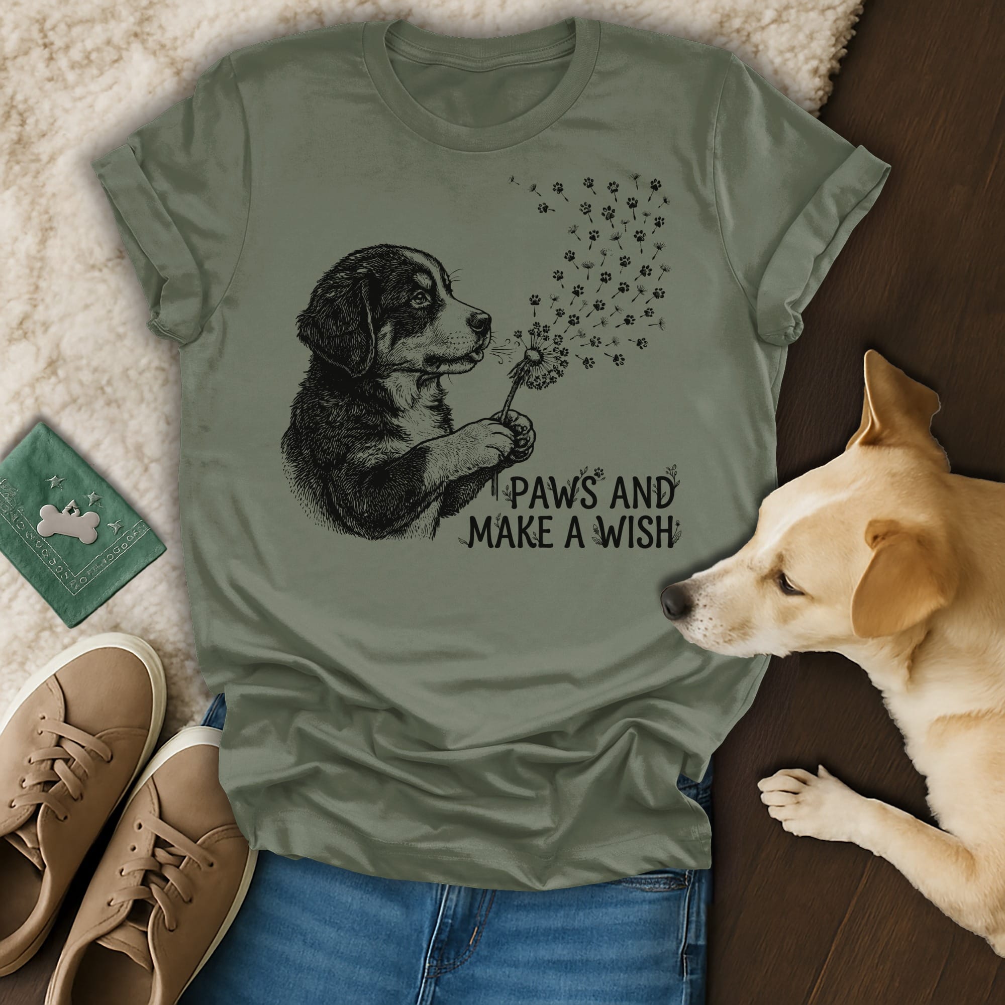 Olive green t-shirt with dog and dandelion Paws and Make a Wish graphic.