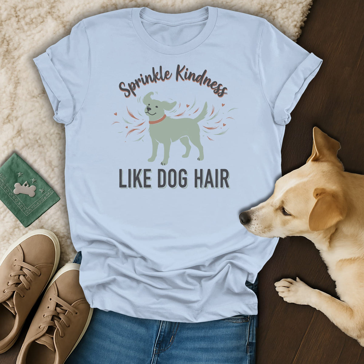 Light blue t-shirt with dog graphic and text "Sprinkle Kindness Like Dog Hair".