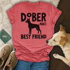 Doberman Pinscher graphic on a red t-shirt with "Doberman Man's Best Friend" text.