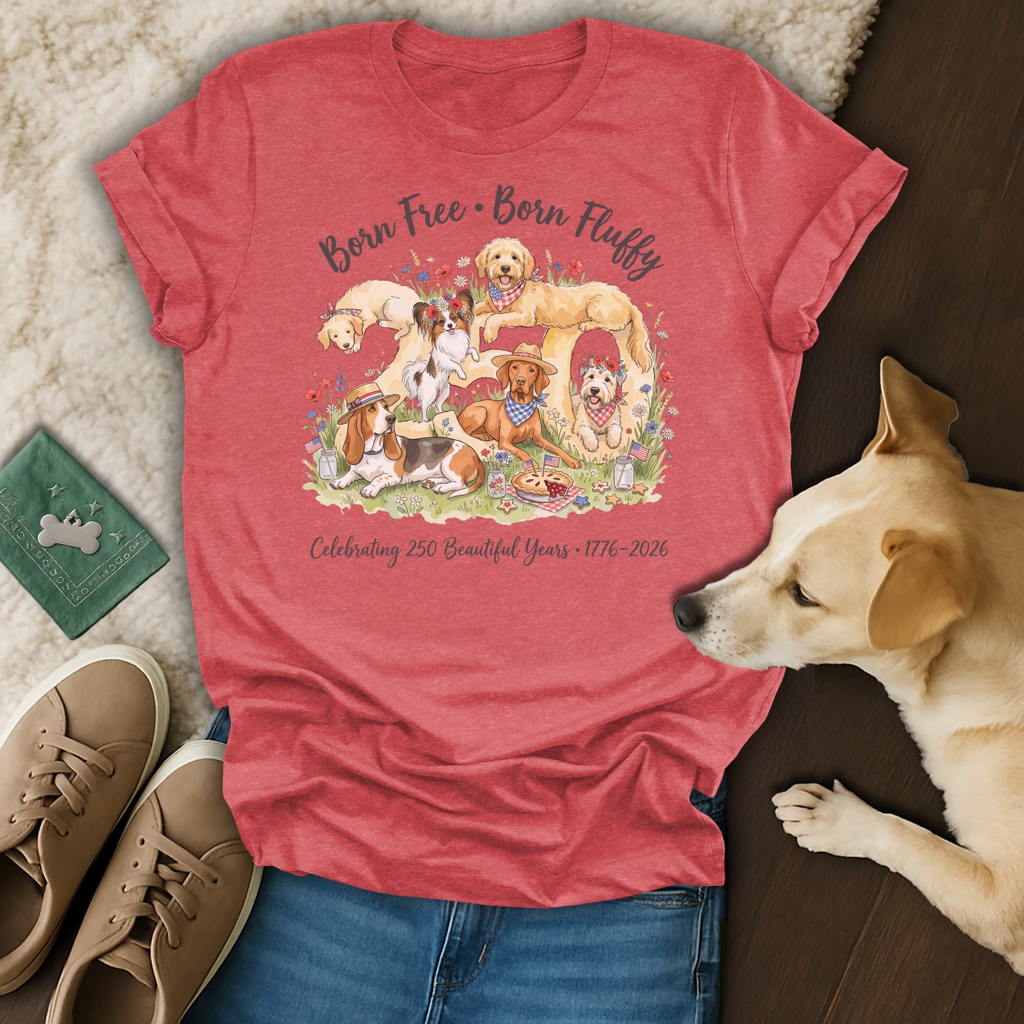 Red t-shirt with dogs and flowers, "Born Free, Born Fluffy," "Celebrating 250 Beautiful Years."