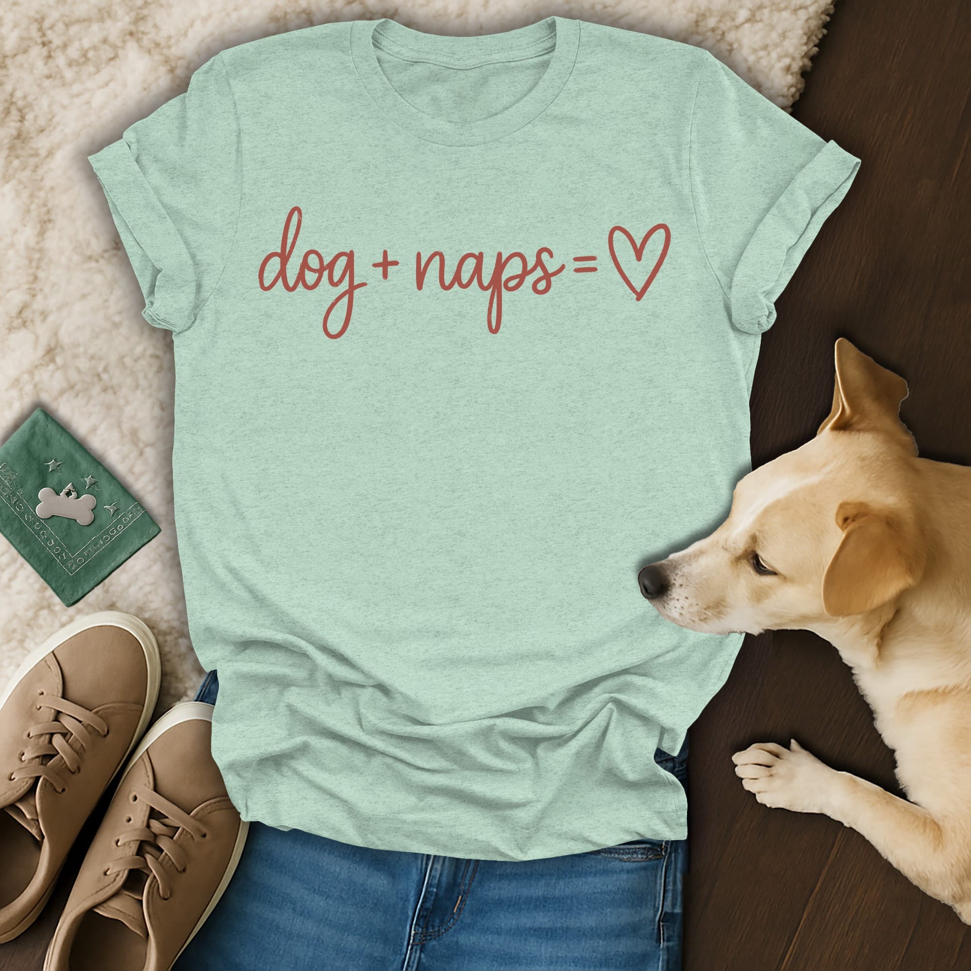 Pale blue t-shirt with "dog + naps = ❤️" in red script text.