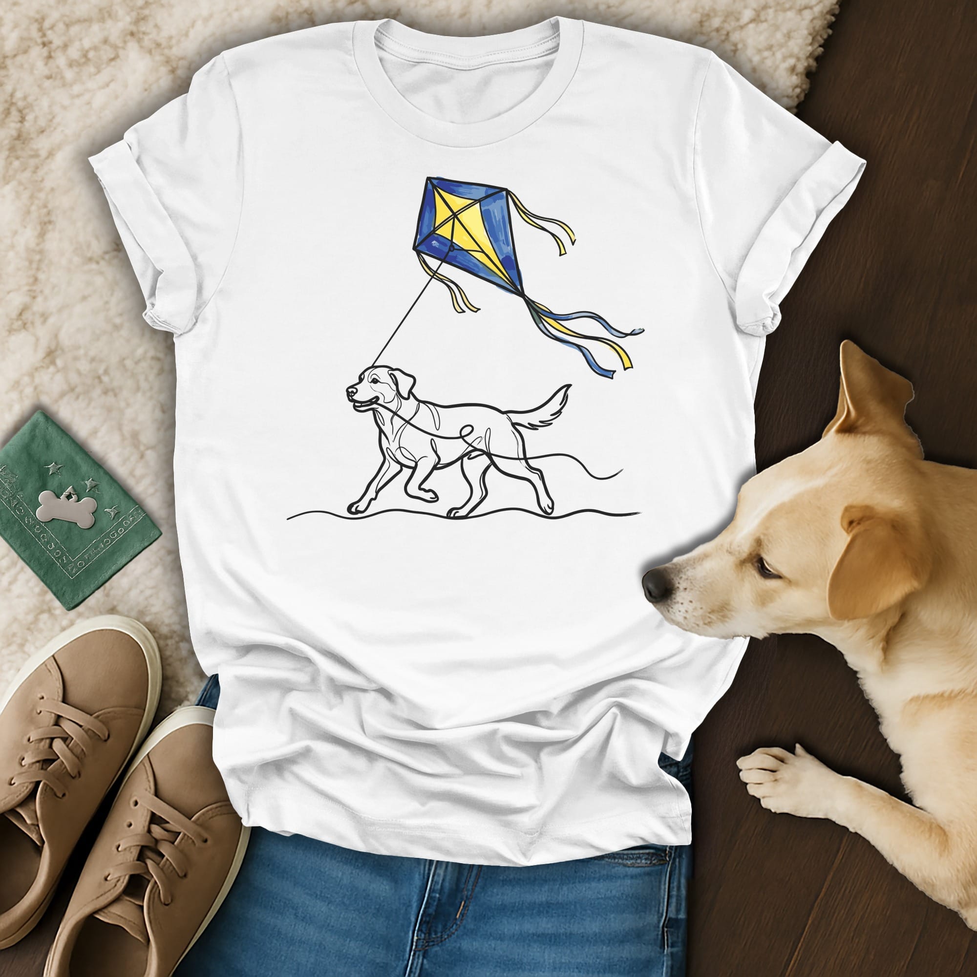 White t-shirt with a black and yellow line drawing of a dog flying a kite.