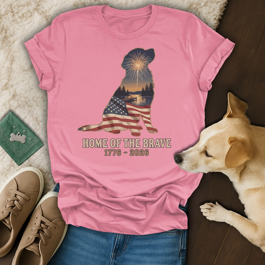 Pink t-shirt with silhouette of a dog filled with an American flag, lake, and fireworks.
