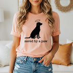Black Labrador silhouette with paw prints above, "saved by a paw" text.