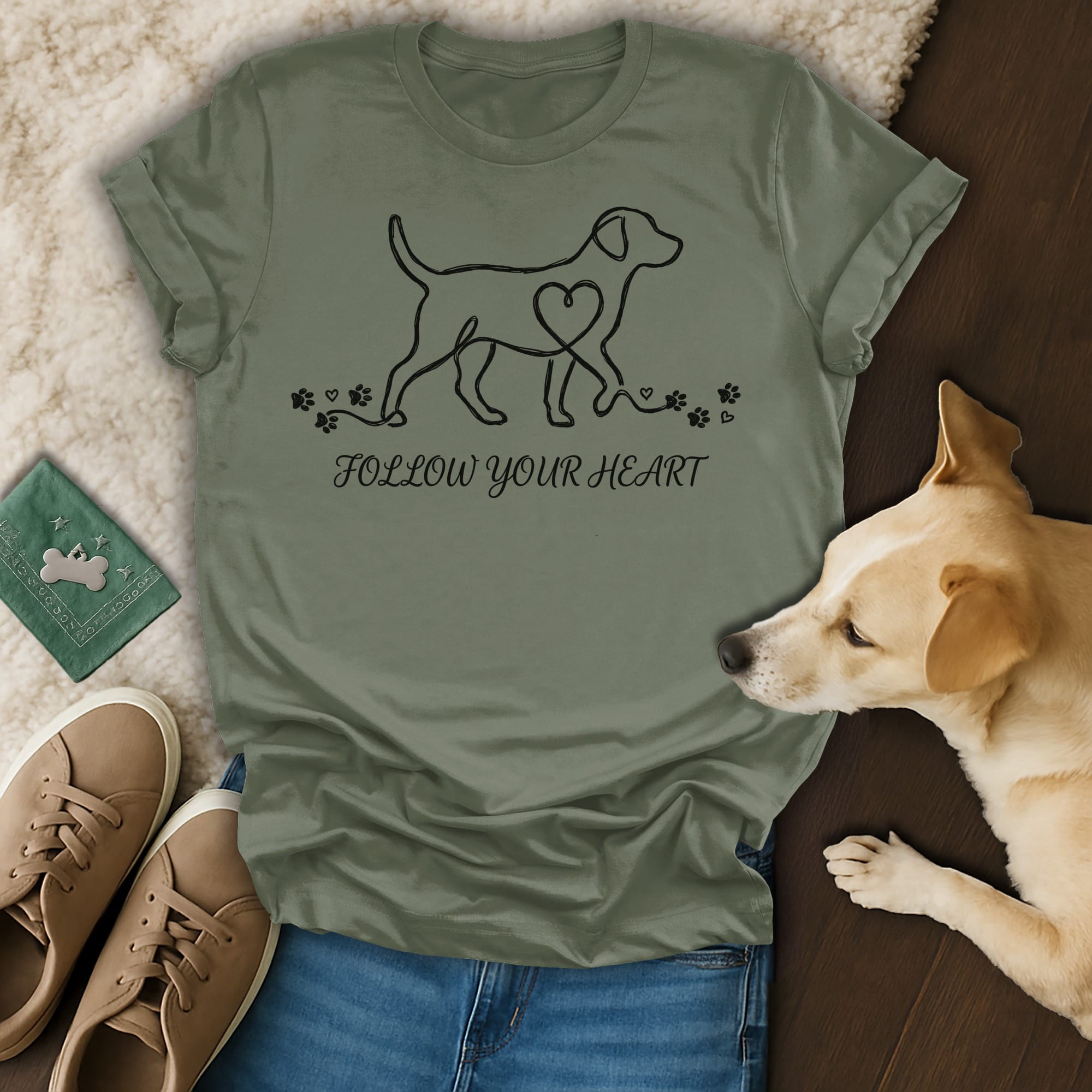 Olive green t-shirt with dog outline, heart, and paw prints.