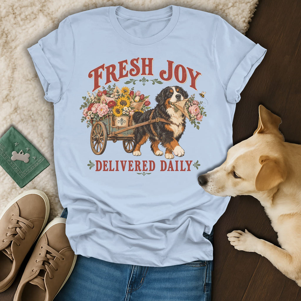 Light blue t-shirt featuring a Bernese Mountain Dog pulling a flower cart with text FRESH JOY DELIVERED DAILY.