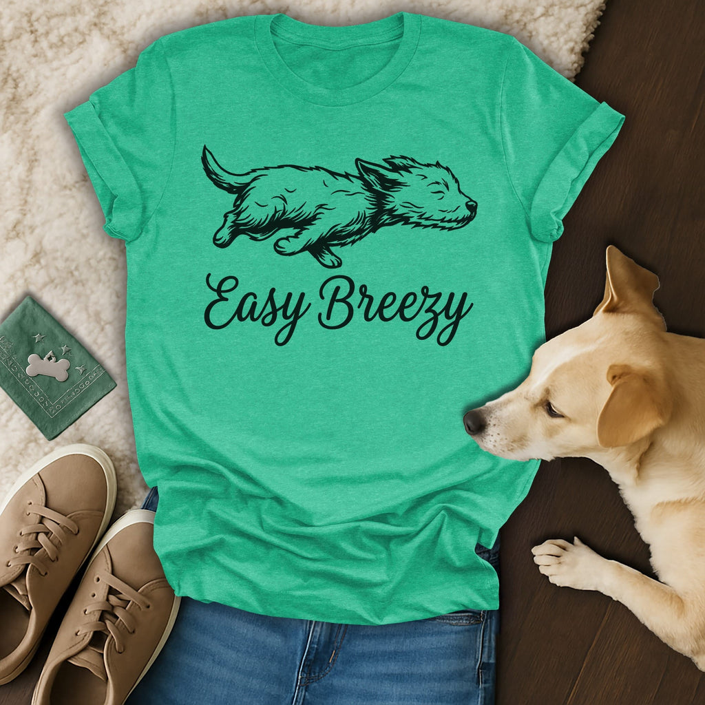 Green t-shirt with a running dog graphic and "Easy Breezy" text.