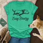 Green t-shirt with a running dog graphic and "Easy Breezy" text.