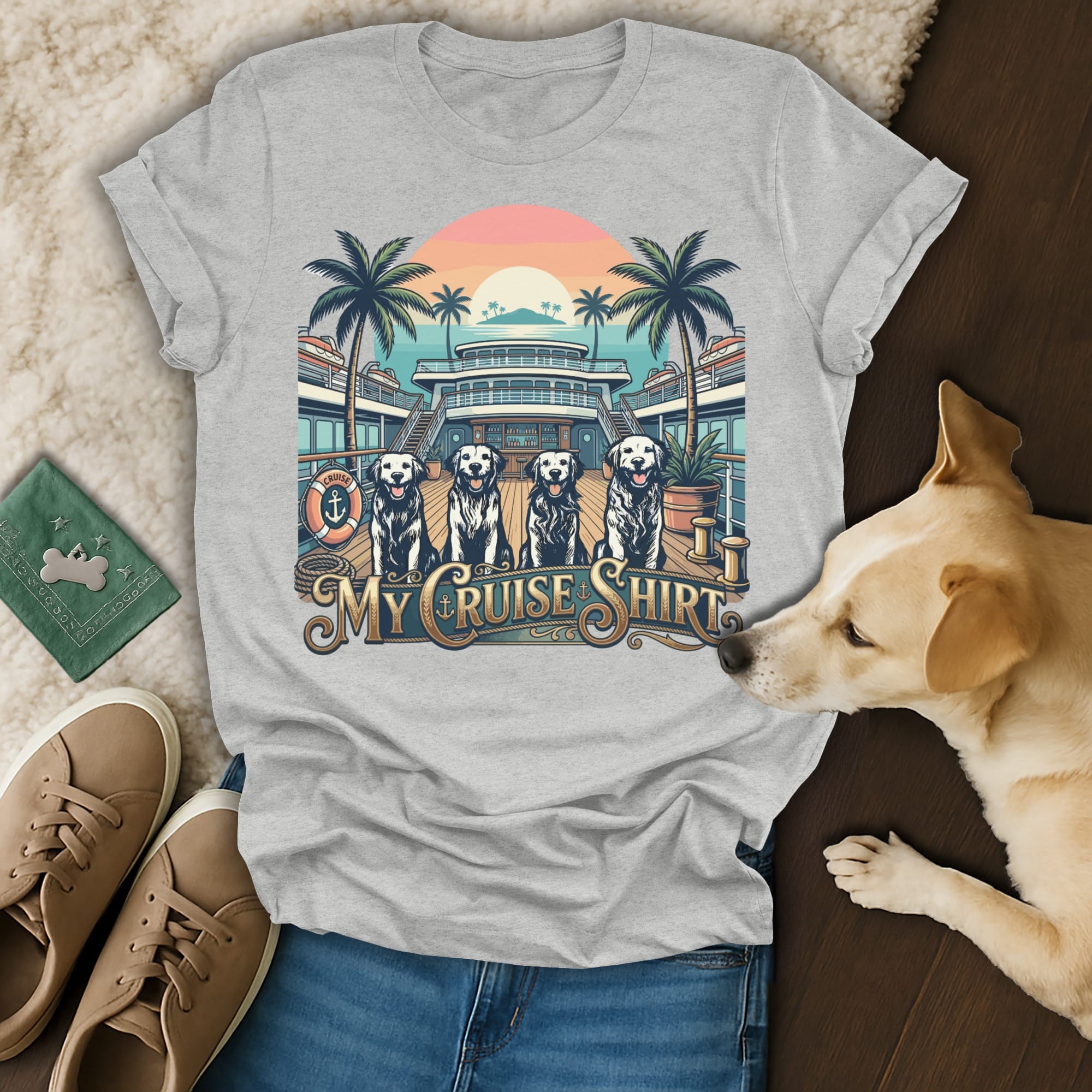 T-shirt with four dogs on a cruise ship deck, reads "My Cruise Shirt".