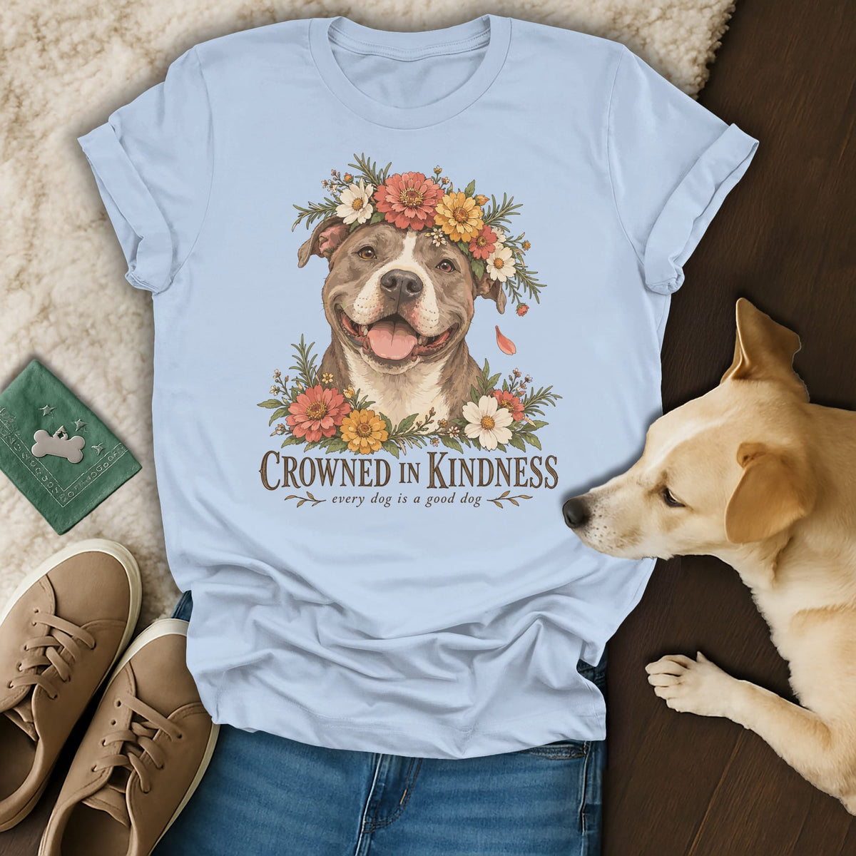 Light blue t-shirt featuring a pit bull graphic with flowers and the text Crowned in Kindness.