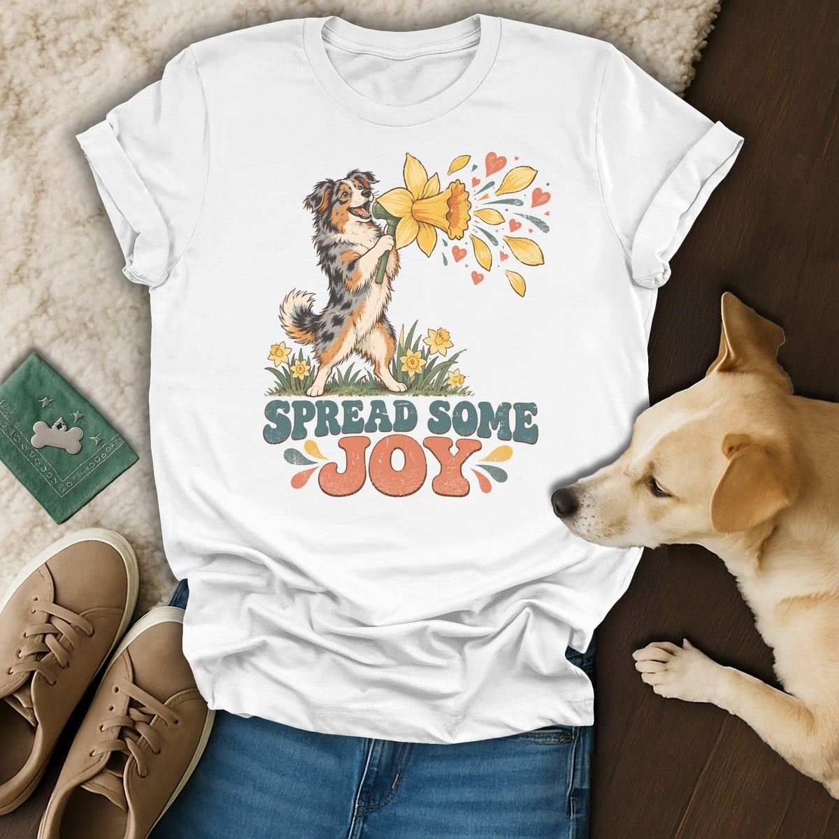 White t-shirt with a vintage Australian Shepherd illustration and the text SPREAD SOME JOY.