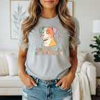 T-shirt with colorful dog graphic and text "Innocent? Never met her."