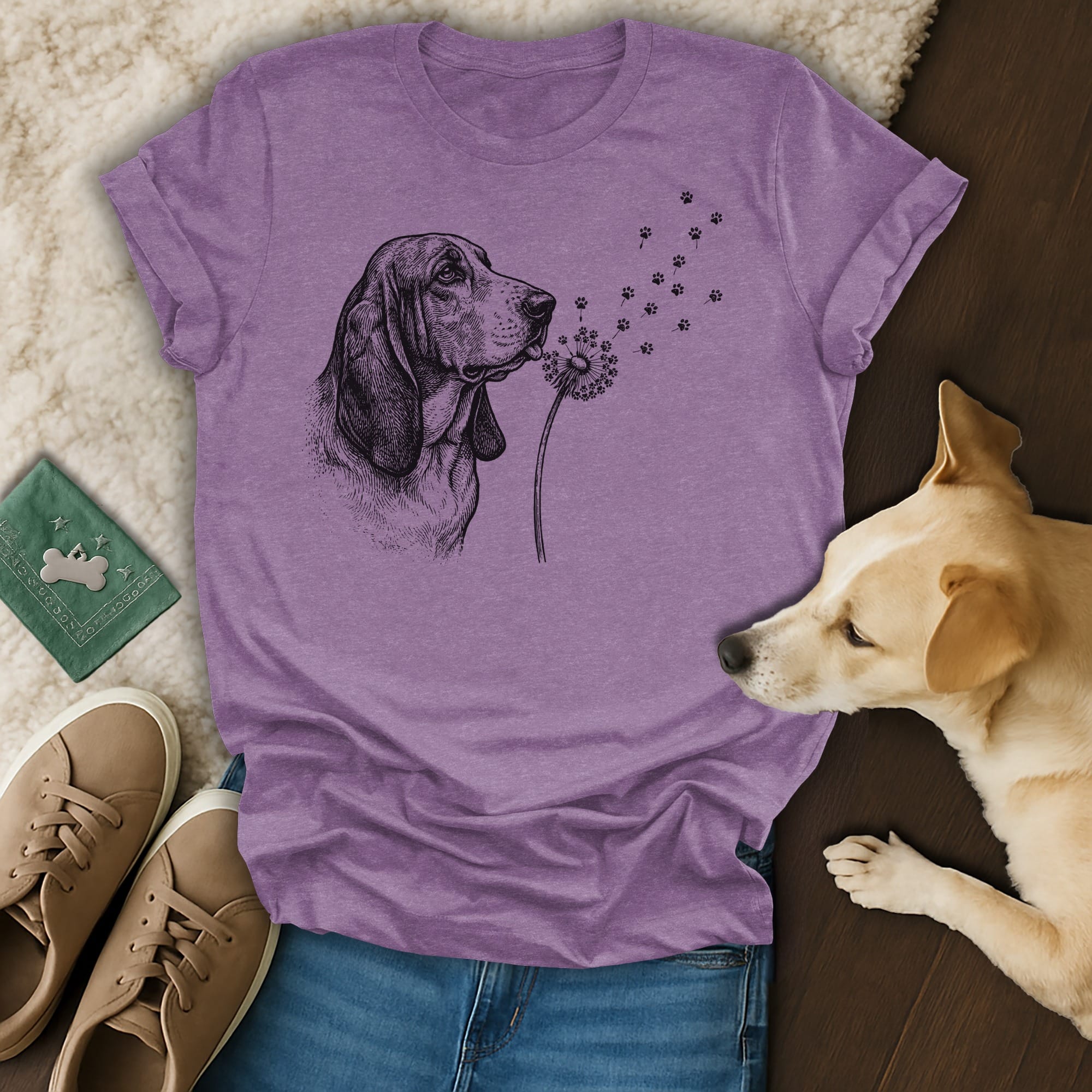 Basset hound blowing dandelion seeds with paw prints.