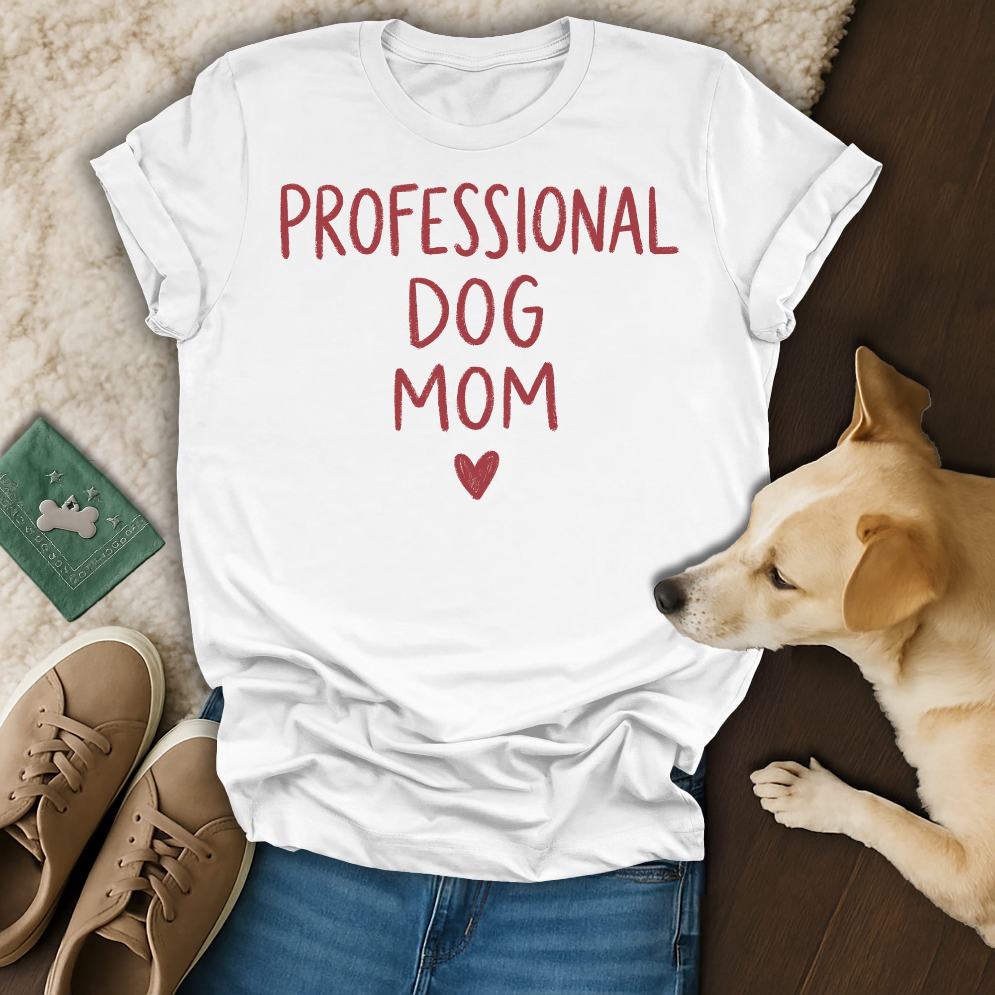 White t-shirt with red text "PROFESSIONAL DOG MOM" and a heart.